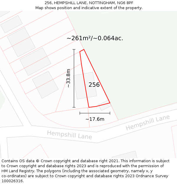 256, HEMPSHILL LANE, NOTTINGHAM, NG6 8PF: Plot and title map