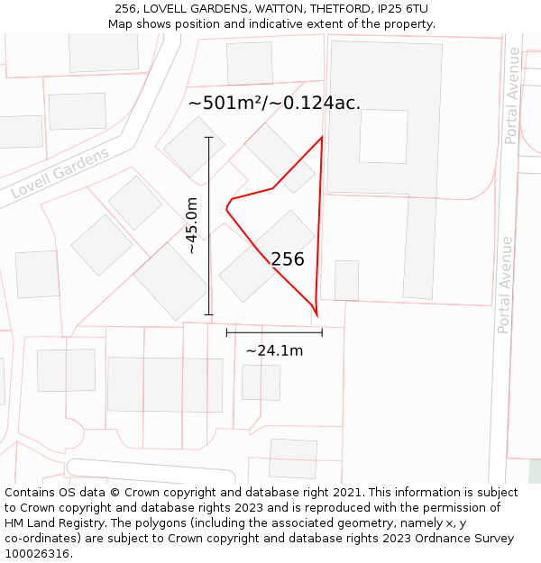 256, LOVELL GARDENS, WATTON, THETFORD, IP25 6TU: Plot and title map