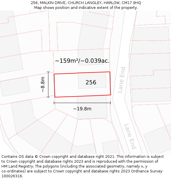 256, MALKIN DRIVE, CHURCH LANGLEY, HARLOW, CM17 9HQ: Plot and title map