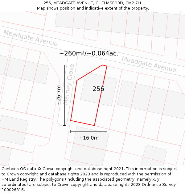 256, MEADGATE AVENUE, CHELMSFORD, CM2 7LL: Plot and title map