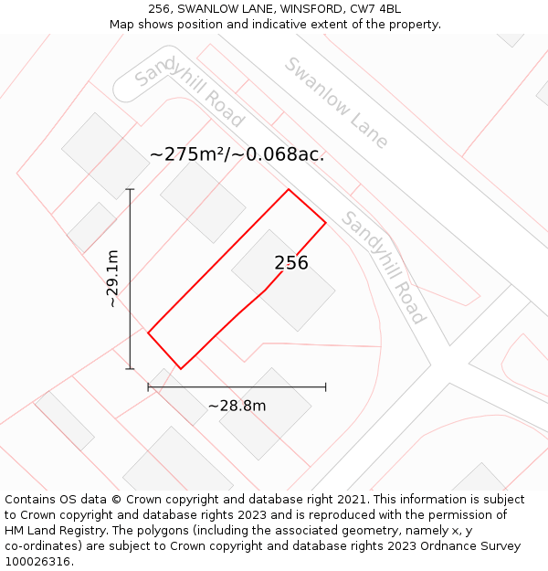 256, SWANLOW LANE, WINSFORD, CW7 4BL: Plot and title map