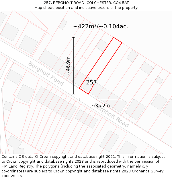 257, BERGHOLT ROAD, COLCHESTER, CO4 5AT: Plot and title map