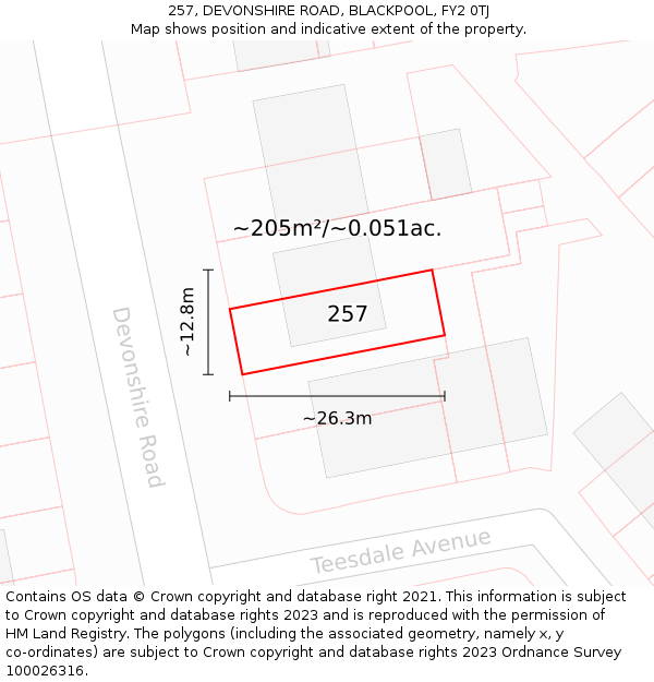 257, DEVONSHIRE ROAD, BLACKPOOL, FY2 0TJ: Plot and title map