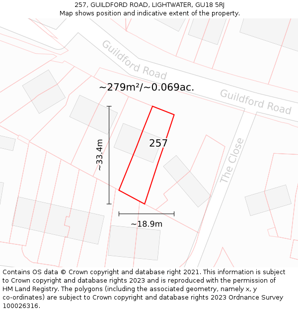 257, GUILDFORD ROAD, LIGHTWATER, GU18 5RJ: Plot and title map