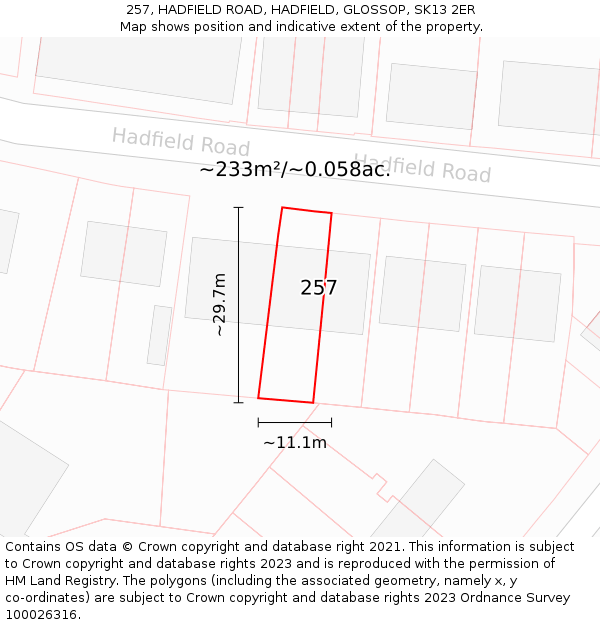 257, HADFIELD ROAD, HADFIELD, GLOSSOP, SK13 2ER: Plot and title map