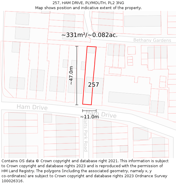 257, HAM DRIVE, PLYMOUTH, PL2 3NG: Plot and title map