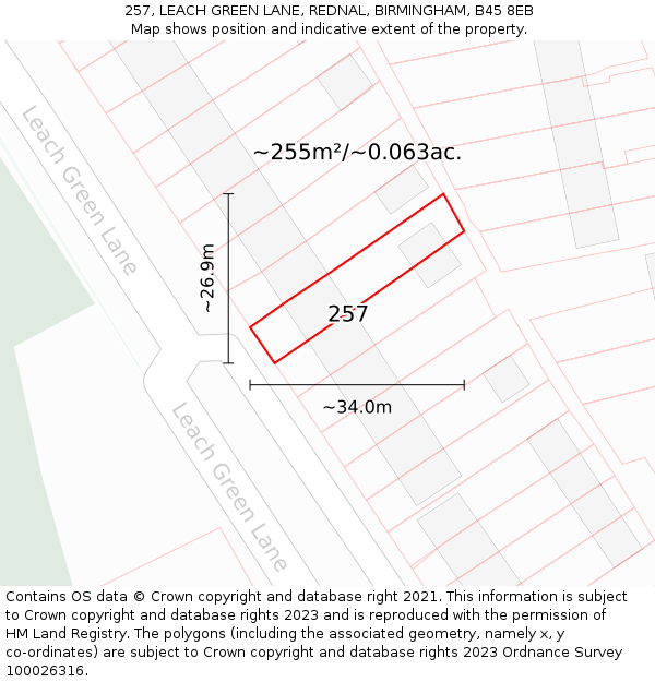 257, LEACH GREEN LANE, REDNAL, BIRMINGHAM, B45 8EB: Plot and title map