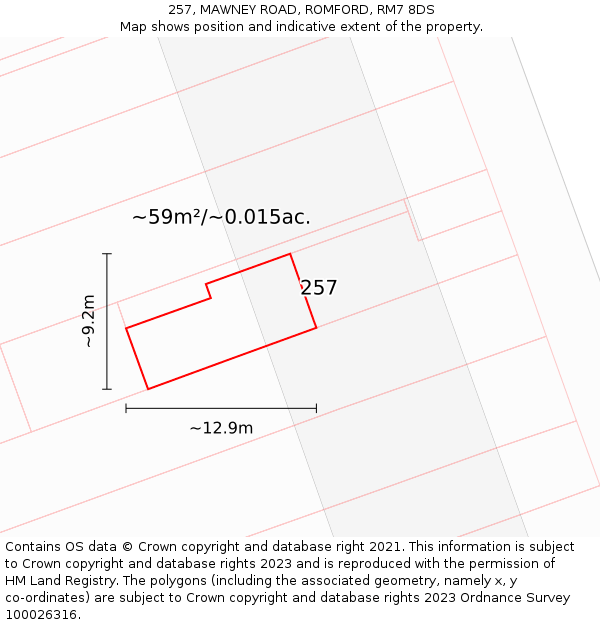 257, MAWNEY ROAD, ROMFORD, RM7 8DS: Plot and title map