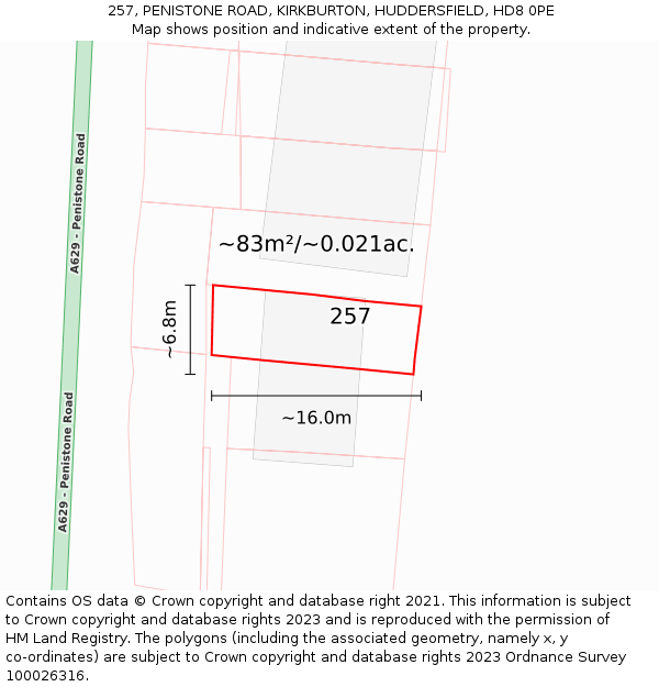 257, PENISTONE ROAD, KIRKBURTON, HUDDERSFIELD, HD8 0PE: Plot and title map