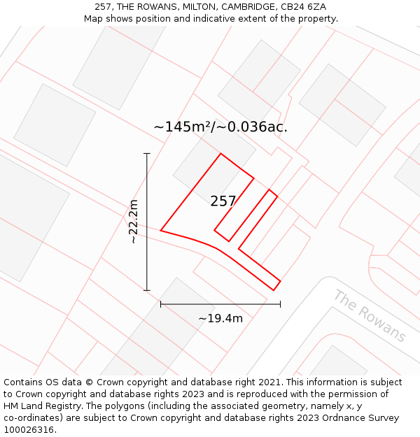 257, THE ROWANS, MILTON, CAMBRIDGE, CB24 6ZA: Plot and title map