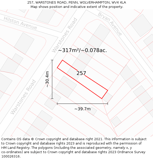 257, WARSTONES ROAD, PENN, WOLVERHAMPTON, WV4 4LA: Plot and title map