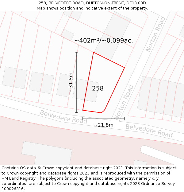 258, BELVEDERE ROAD, BURTON-ON-TRENT, DE13 0RD: Plot and title map