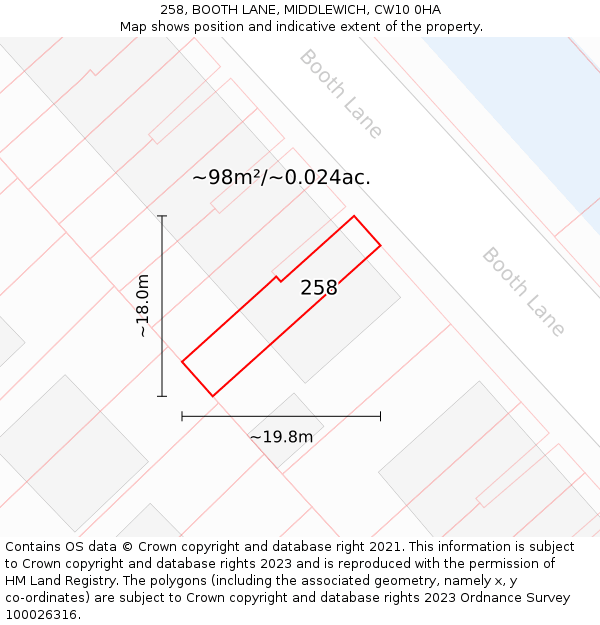 258, BOOTH LANE, MIDDLEWICH, CW10 0HA: Plot and title map