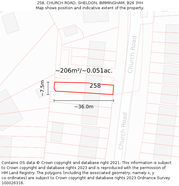 258, CHURCH ROAD, SHELDON, BIRMINGHAM, B26 3YH: Plot and title map