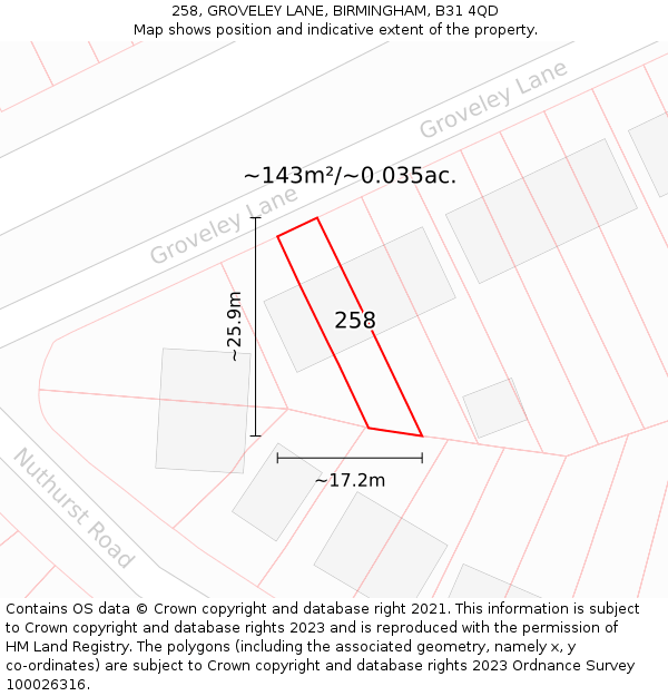 258, GROVELEY LANE, BIRMINGHAM, B31 4QD: Plot and title map