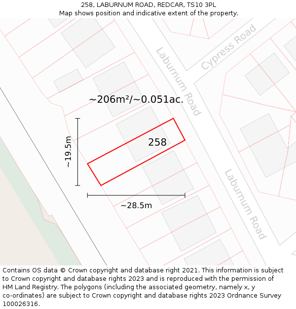 258, LABURNUM ROAD, REDCAR, TS10 3PL: Plot and title map