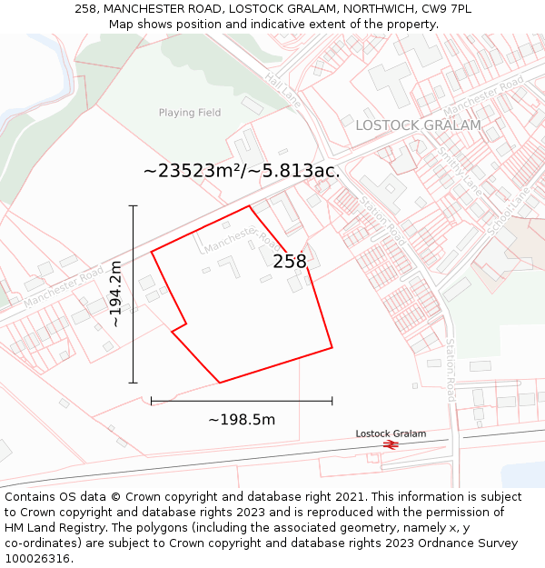 258, MANCHESTER ROAD, LOSTOCK GRALAM, NORTHWICH, CW9 7PL: Plot and title map