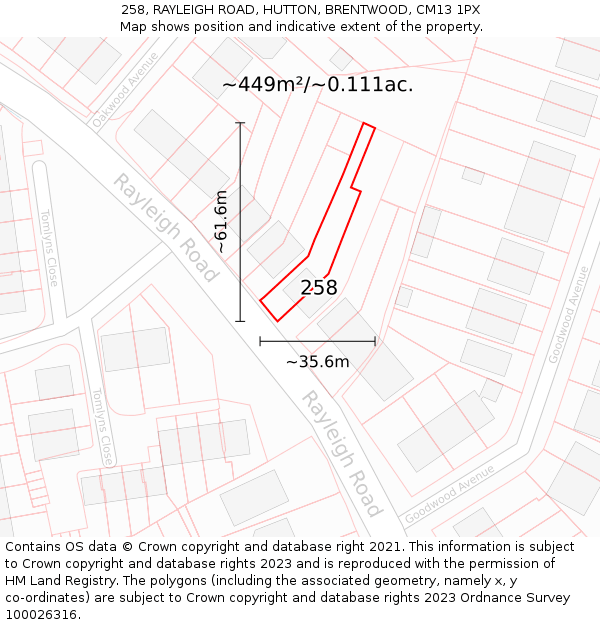 258, RAYLEIGH ROAD, HUTTON, BRENTWOOD, CM13 1PX: Plot and title map