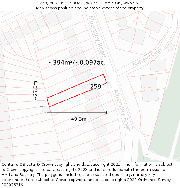 259, ALDERSLEY ROAD, WOLVERHAMPTON, WV6 9NL: Plot and title map