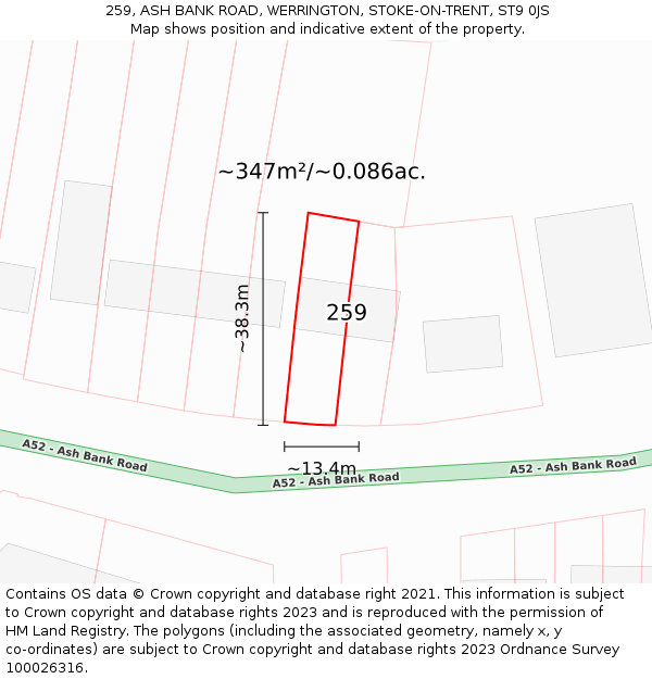 259, ASH BANK ROAD, WERRINGTON, STOKE-ON-TRENT, ST9 0JS: Plot and title map