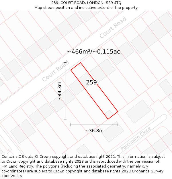 259, COURT ROAD, LONDON, SE9 4TQ: Plot and title map