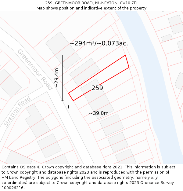 259, GREENMOOR ROAD, NUNEATON, CV10 7EL: Plot and title map