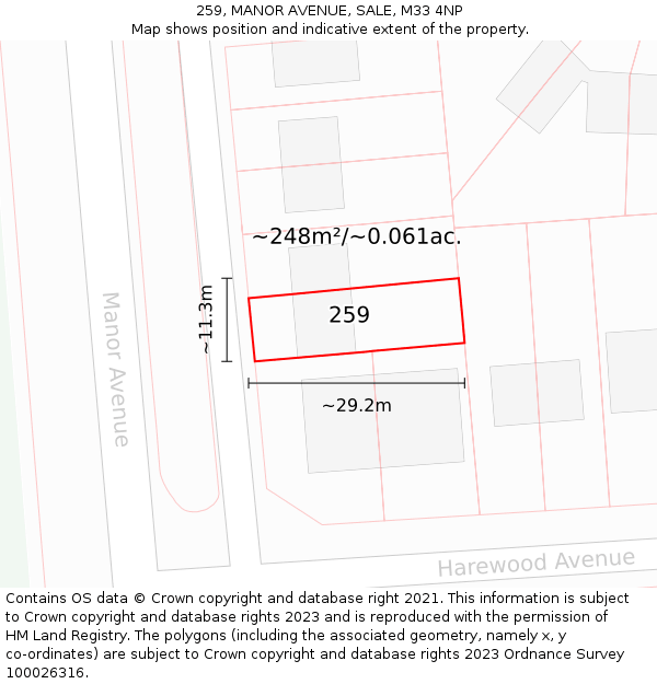 259, MANOR AVENUE, SALE, M33 4NP: Plot and title map