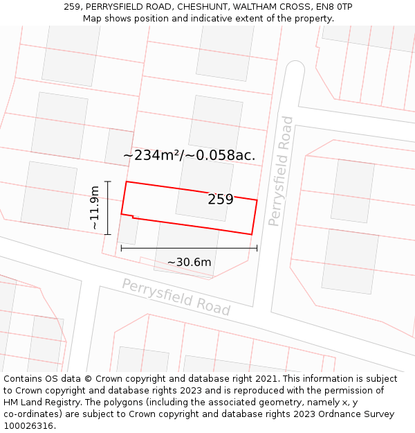 259, PERRYSFIELD ROAD, CHESHUNT, WALTHAM CROSS, EN8 0TP: Plot and title map
