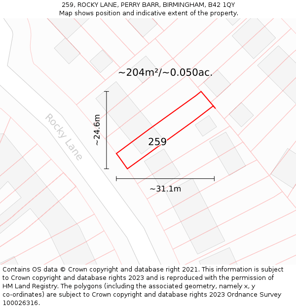 259, ROCKY LANE, PERRY BARR, BIRMINGHAM, B42 1QY: Plot and title map