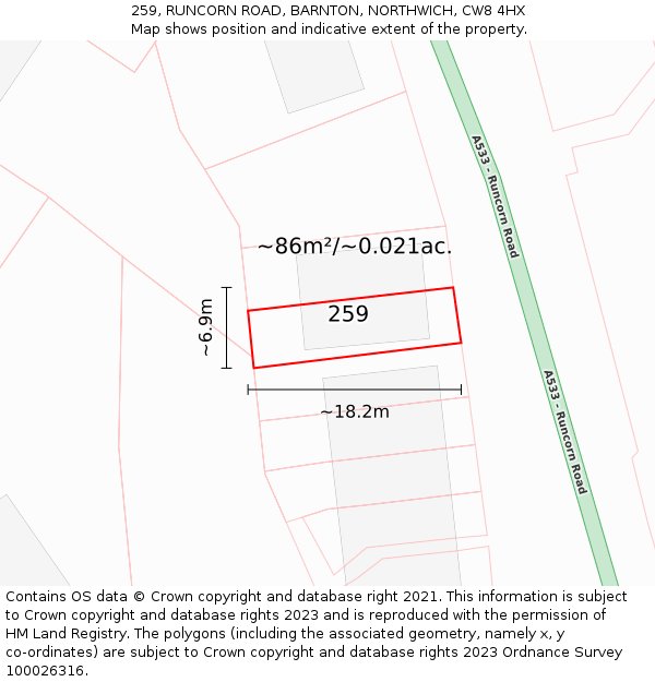 259, RUNCORN ROAD, BARNTON, NORTHWICH, CW8 4HX: Plot and title map