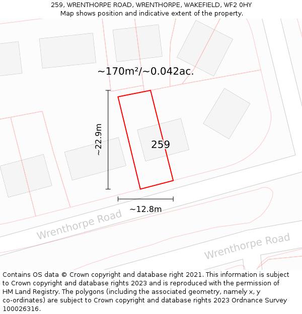 259, WRENTHORPE ROAD, WRENTHORPE, WAKEFIELD, WF2 0HY: Plot and title map