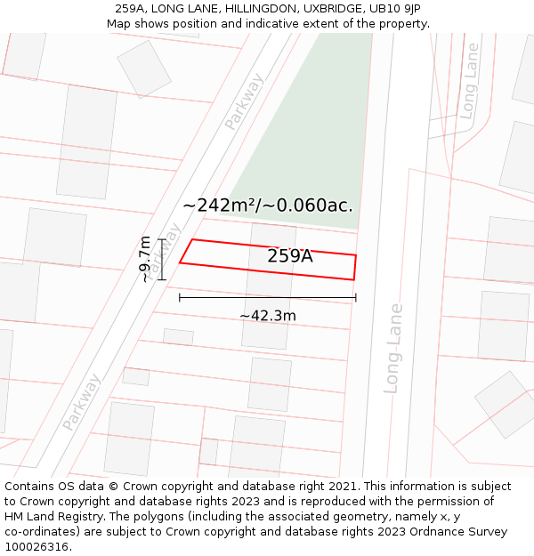 259A, LONG LANE, HILLINGDON, UXBRIDGE, UB10 9JP: Plot and title map