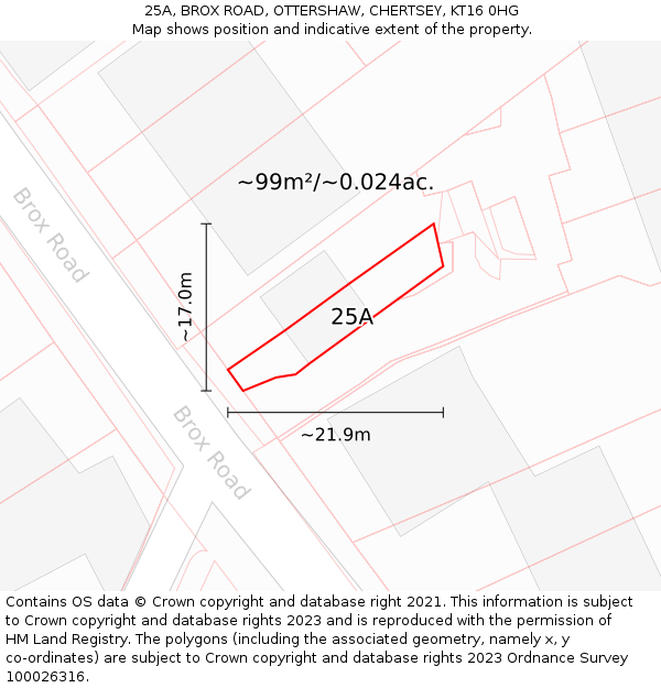 25A, BROX ROAD, OTTERSHAW, CHERTSEY, KT16 0HG: Plot and title map