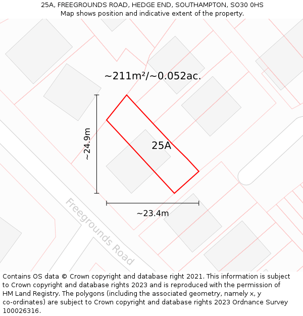 25A, FREEGROUNDS ROAD, HEDGE END, SOUTHAMPTON, SO30 0HS: Plot and title map