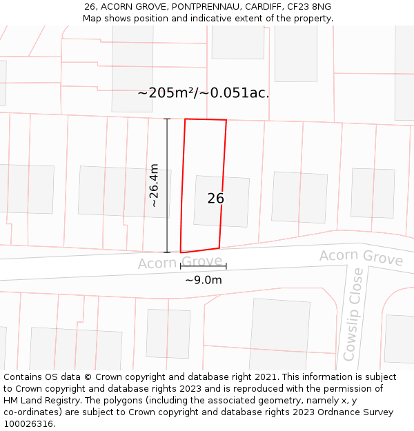 26, ACORN GROVE, PONTPRENNAU, CARDIFF, CF23 8NG: Plot and title map