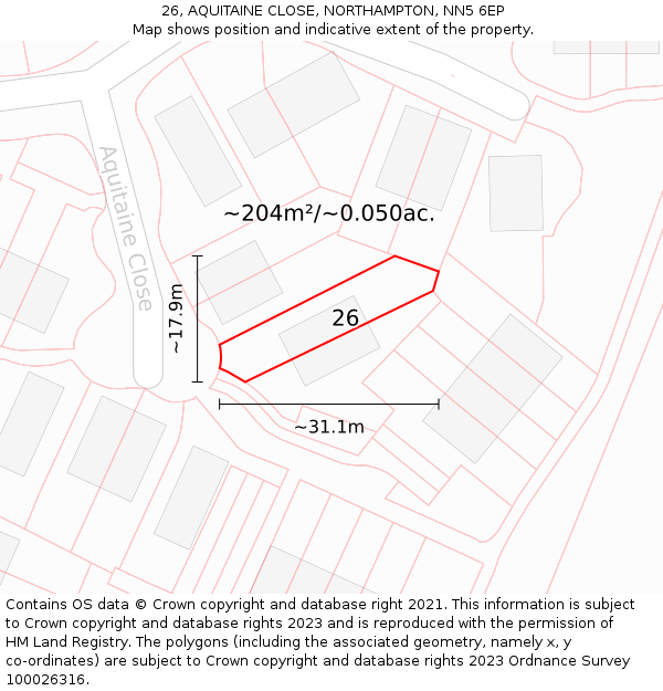 26, AQUITAINE CLOSE, NORTHAMPTON, NN5 6EP: Plot and title map