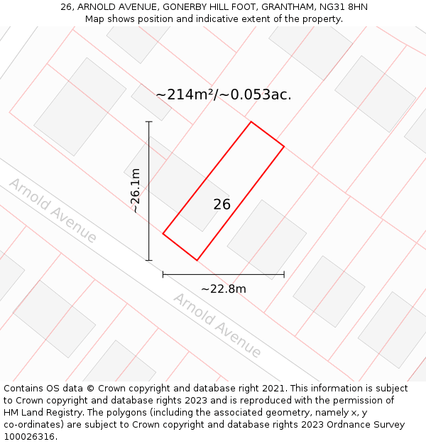 26, ARNOLD AVENUE, GONERBY HILL FOOT, GRANTHAM, NG31 8HN: Plot and title map