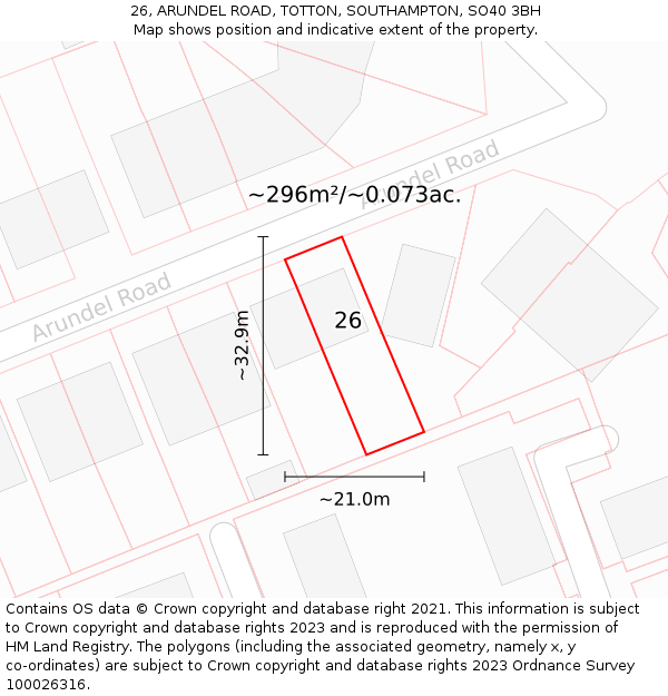 26, ARUNDEL ROAD, TOTTON, SOUTHAMPTON, SO40 3BH: Plot and title map