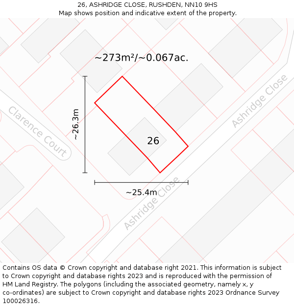 26, ASHRIDGE CLOSE, RUSHDEN, NN10 9HS: Plot and title map