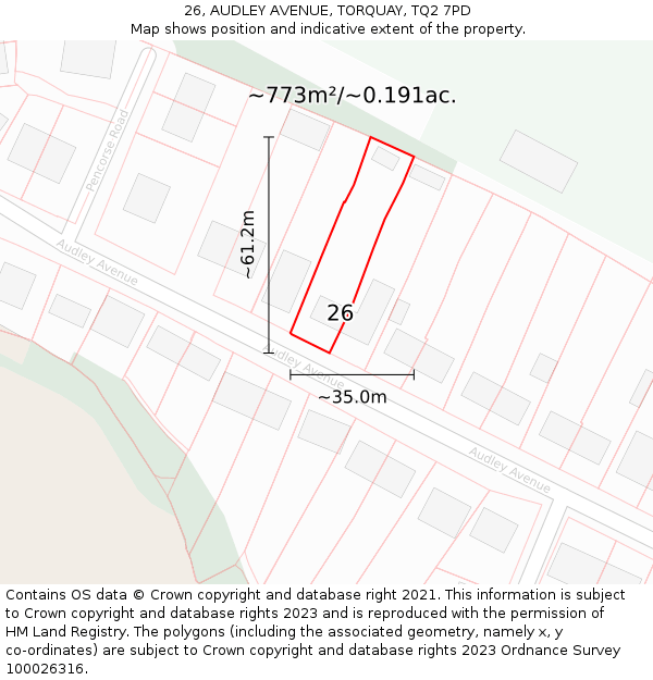 26, AUDLEY AVENUE, TORQUAY, TQ2 7PD: Plot and title map