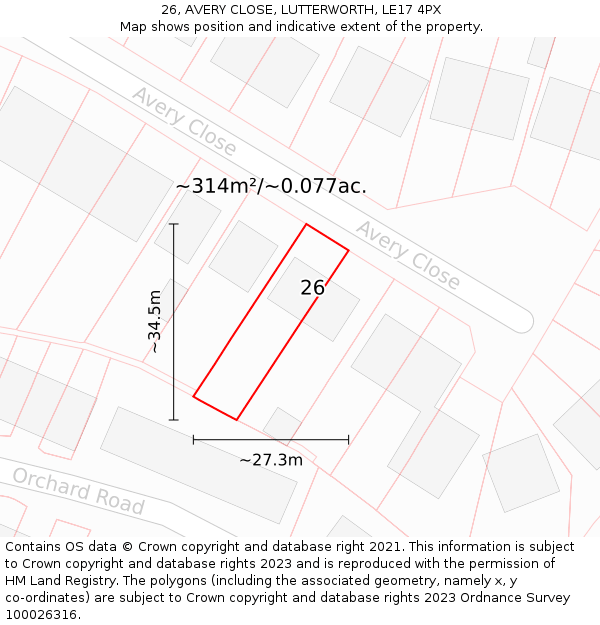 26, AVERY CLOSE, LUTTERWORTH, LE17 4PX: Plot and title map