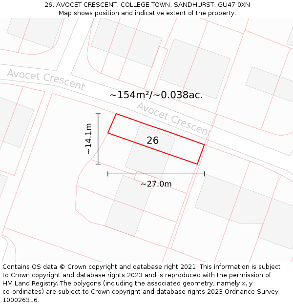 26, AVOCET CRESCENT, COLLEGE TOWN, SANDHURST, GU47 0XN: Plot and title map