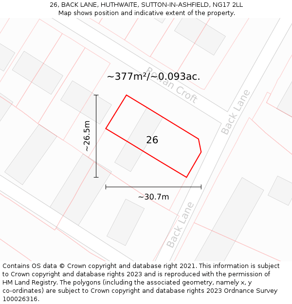 26, BACK LANE, HUTHWAITE, SUTTON-IN-ASHFIELD, NG17 2LL: Plot and title map