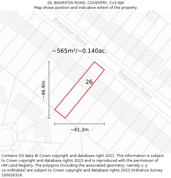 26, BAGINTON ROAD, COVENTRY, CV3 6JW: Plot and title map