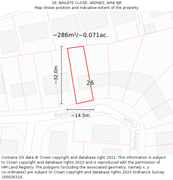 26, BAILEYS CLOSE, WIDNES, WA8 9JR: Plot and title map