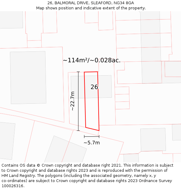 26, BALMORAL DRIVE, SLEAFORD, NG34 8GA: Plot and title map