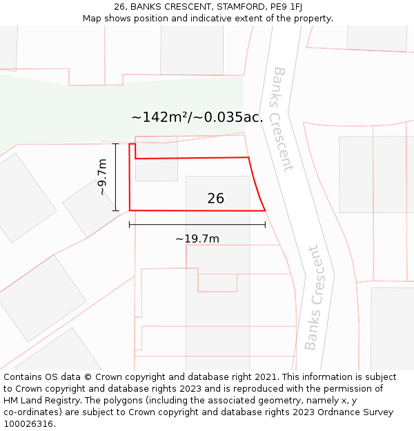 26, BANKS CRESCENT, STAMFORD, PE9 1FJ: Plot and title map