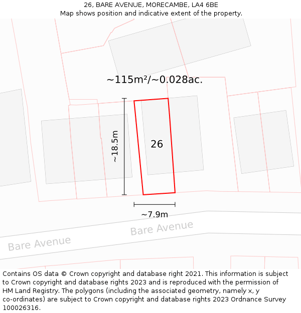 26, BARE AVENUE, MORECAMBE, LA4 6BE: Plot and title map