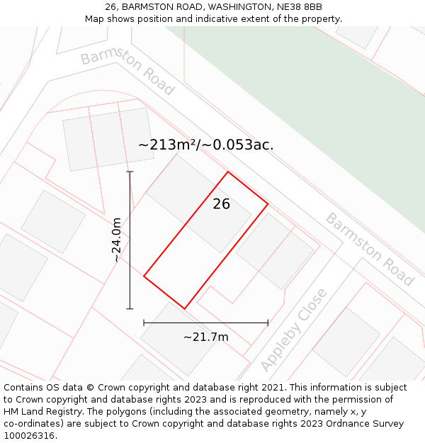 26, BARMSTON ROAD, WASHINGTON, NE38 8BB: Plot and title map