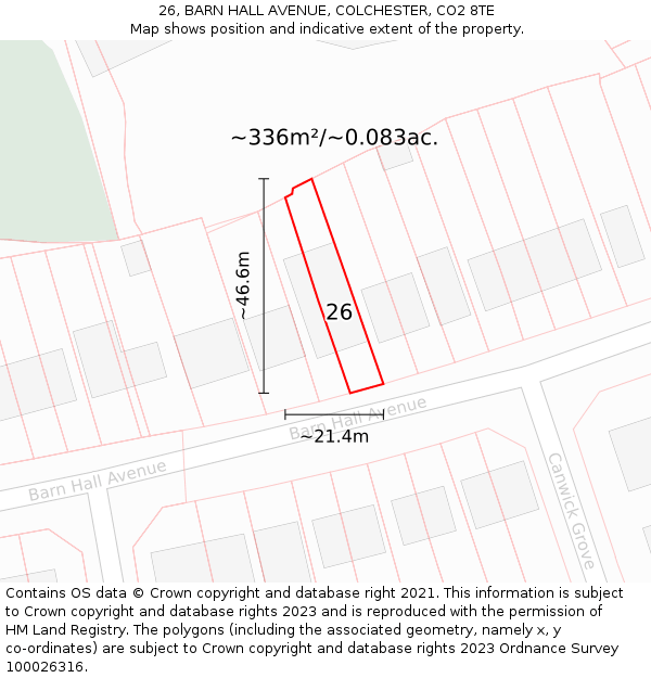 26, BARN HALL AVENUE, COLCHESTER, CO2 8TE: Plot and title map